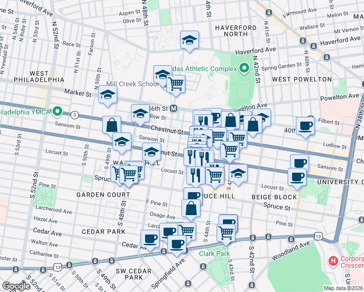 map of restaurants, bars, coffee shops, grocery stores, and more near 4528 Walnut Street in Philadelphia