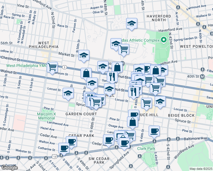 map of restaurants, bars, coffee shops, grocery stores, and more near 4723 Walnut Street in Philadelphia