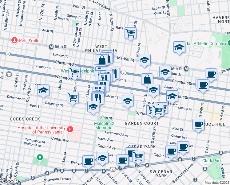 map of restaurants, bars, coffee shops, grocery stores, and more near 5047 Locust Street in Philadelphia