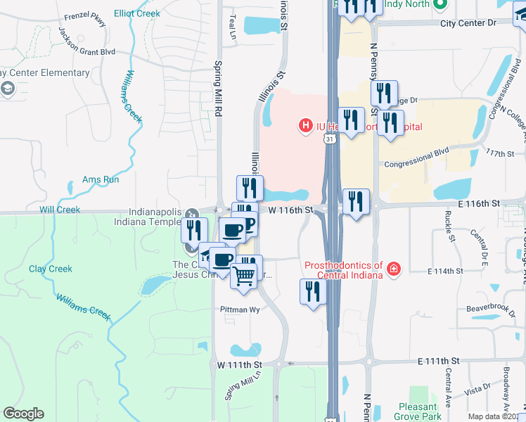 map of restaurants, bars, coffee shops, grocery stores, and more near 141 West 116th Street in Carmel