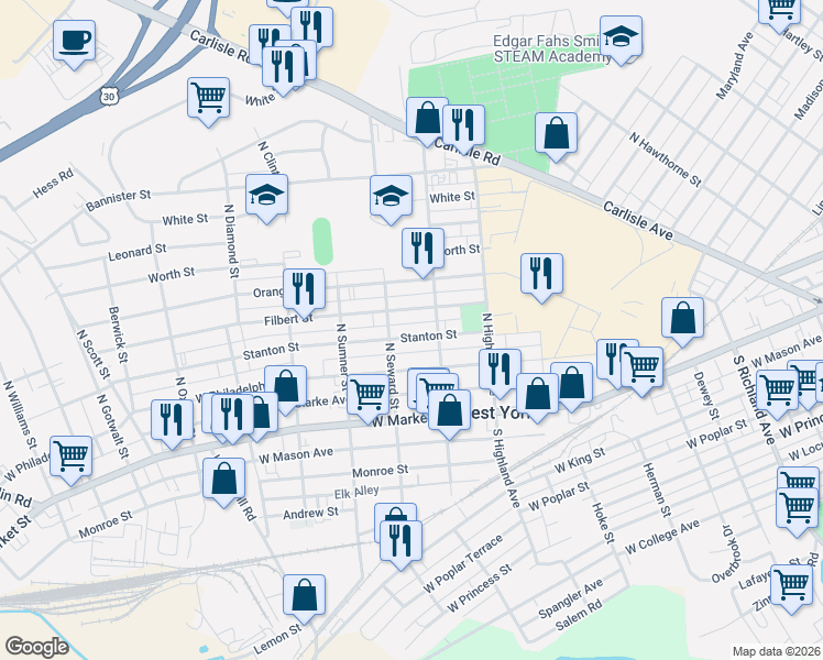 map of restaurants, bars, coffee shops, grocery stores, and more near 1550 Stanton Street in West York
