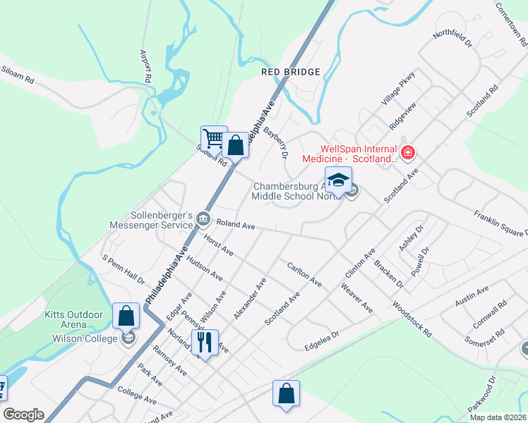 map of restaurants, bars, coffee shops, grocery stores, and more near 151 Roland Avenue in Chambersburg