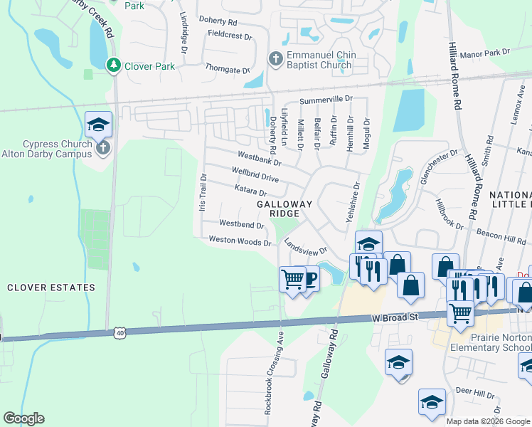map of restaurants, bars, coffee shops, grocery stores, and more near 5901 Westbend Drive in Galloway