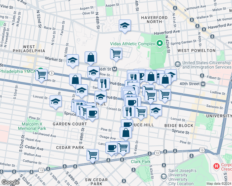 map of restaurants, bars, coffee shops, grocery stores, and more near 132 South 46th Street in Philadelphia