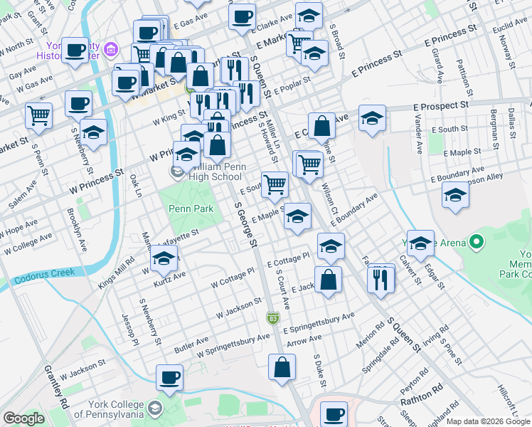 map of restaurants, bars, coffee shops, grocery stores, and more near 12 East Maple Street in York