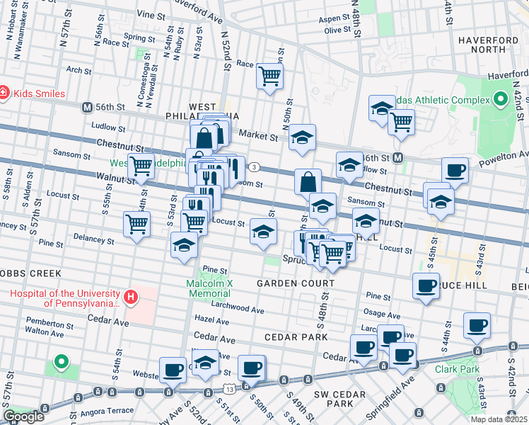 map of restaurants, bars, coffee shops, grocery stores, and more near 5009 Chancellor Street in Philadelphia