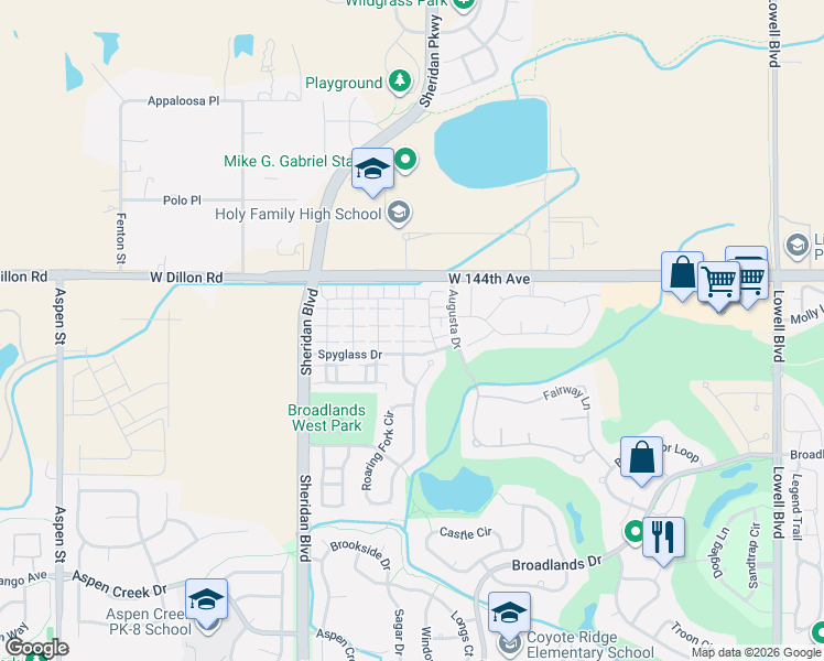 map of restaurants, bars, coffee shops, grocery stores, and more near 4801 Spyglass Drive in Broomfield