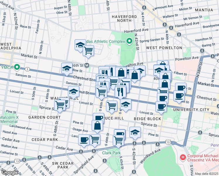 map of restaurants, bars, coffee shops, grocery stores, and more near 4423 Sansom Street in Philadelphia