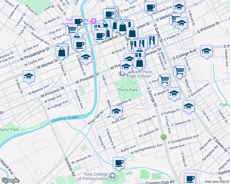 map of restaurants, bars, coffee shops, grocery stores, and more near 363 Oak Lane in York