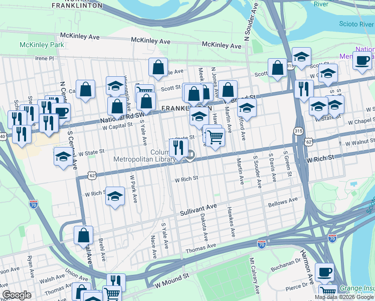 map of restaurants, bars, coffee shops, grocery stores, and more near 137 Dakota Avenue in Columbus