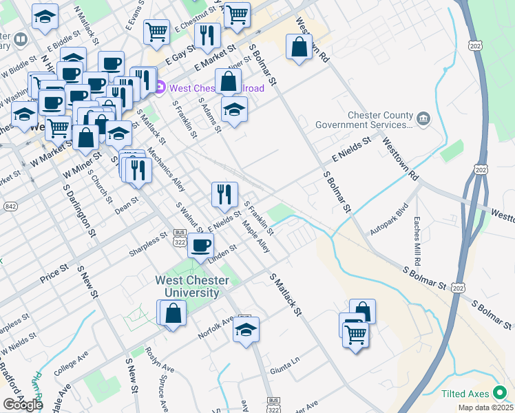 map of restaurants, bars, coffee shops, grocery stores, and more near 394 East Nields Street in West Chester