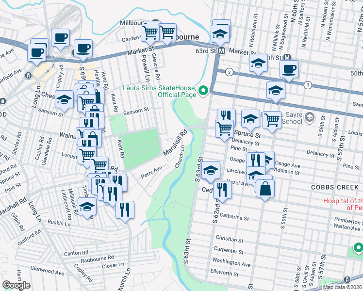 map of restaurants, bars, coffee shops, grocery stores, and more near 6605 Short Lane in Delaware County