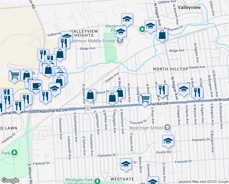 map of restaurants, bars, coffee shops, grocery stores, and more near 41 North Westgate Avenue in Columbus
