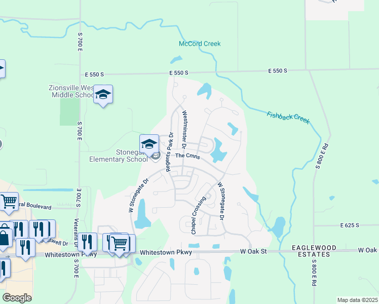 map of restaurants, bars, coffee shops, grocery stores, and more near 7627 West Stonegate Drive in Zionsville
