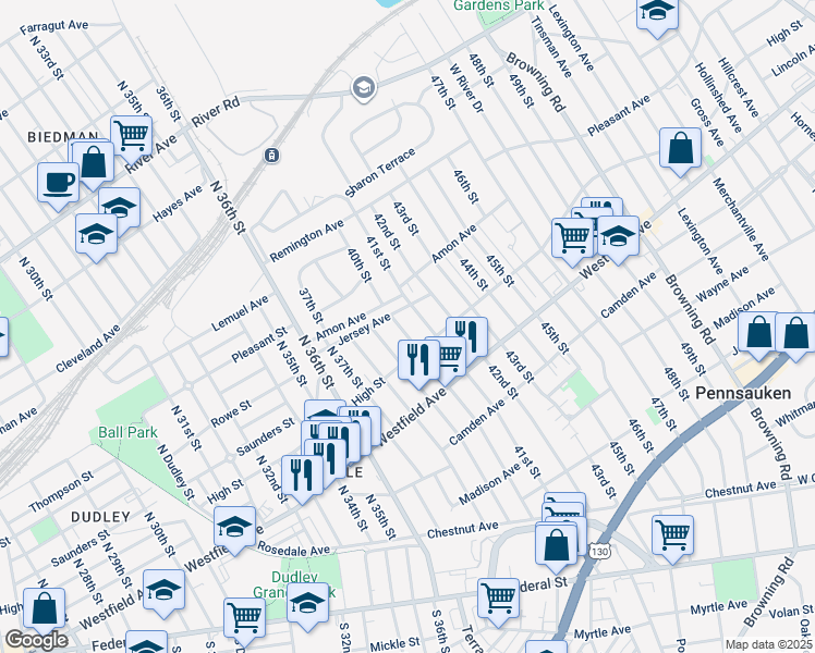 map of restaurants, bars, coffee shops, grocery stores, and more near 426 North 40th Street in Pennsauken Township