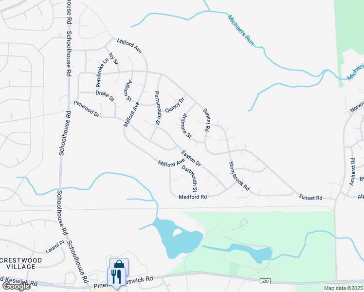 map of restaurants, bars, coffee shops, grocery stores, and more near 24B Easton Drive in Manchester Township