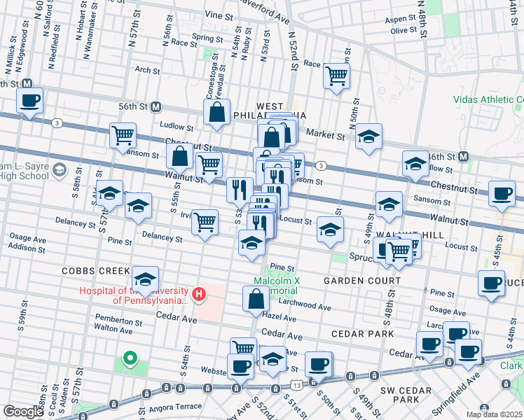 map of restaurants, bars, coffee shops, grocery stores, and more near 5215 Locust Street in Philadelphia