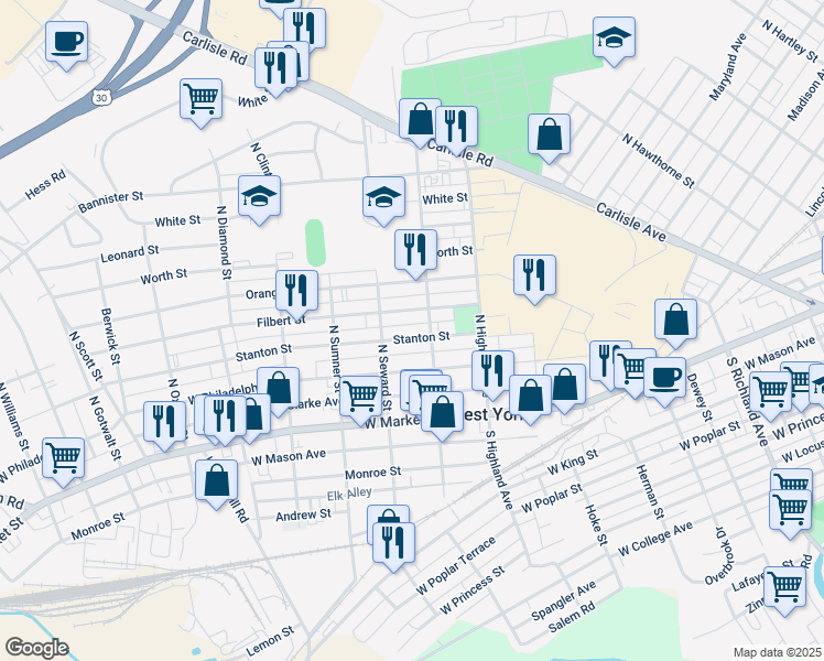 map of restaurants, bars, coffee shops, grocery stores, and more near 1517 Stanton Street in West York