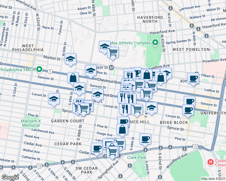 map of restaurants, bars, coffee shops, grocery stores, and more near 4620 Walnut Street in Philadelphia