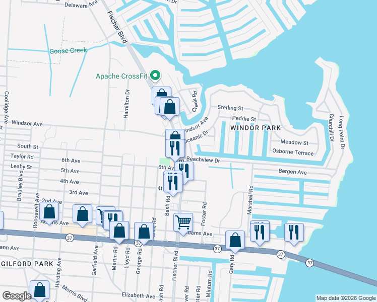 map of restaurants, bars, coffee shops, grocery stores, and more near 582 Wood Street in Toms River