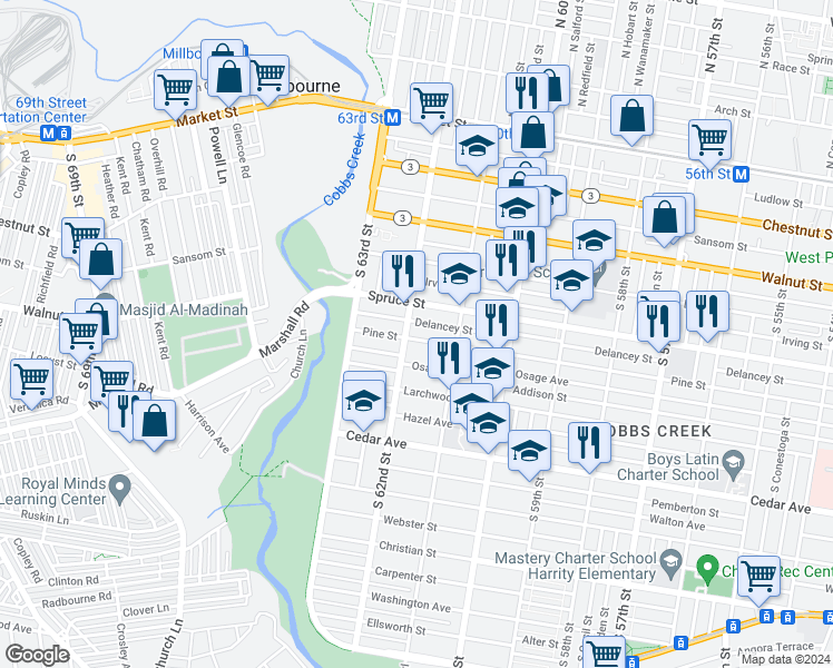 map of restaurants, bars, coffee shops, grocery stores, and more near 6155 Pine Street in Philadelphia