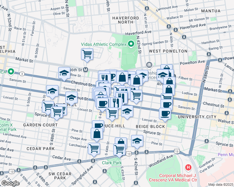 map of restaurants, bars, coffee shops, grocery stores, and more near 117 South 44th Street in Philadelphia