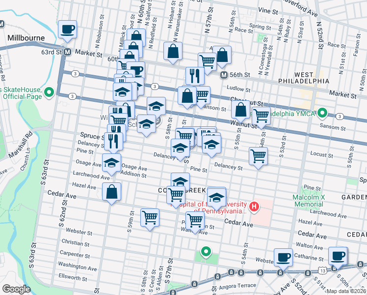 map of restaurants, bars, coffee shops, grocery stores, and more near 5729 Delancey Street in Philadelphia