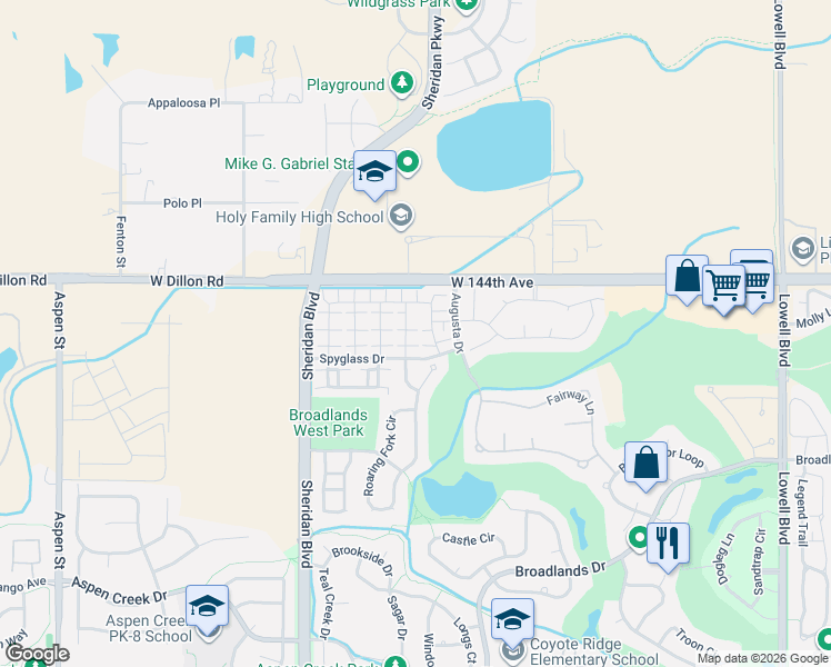 map of restaurants, bars, coffee shops, grocery stores, and more near 4801 Spyglass Drive in Broomfield
