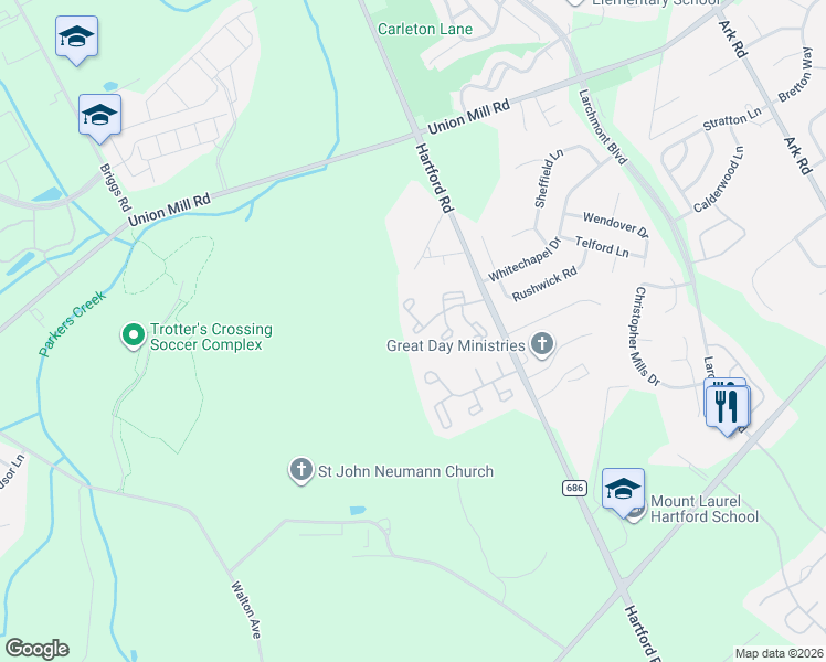 map of restaurants, bars, coffee shops, grocery stores, and more near 165A Bradford Court in Mount Laurel Township