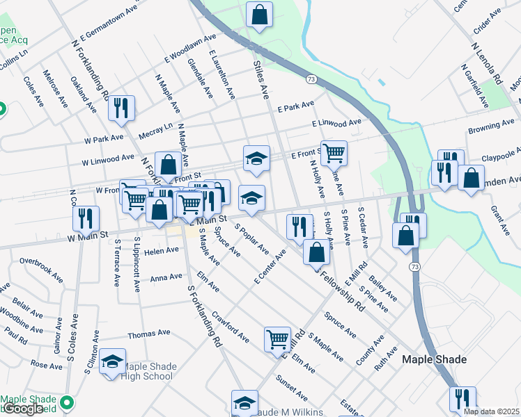 map of restaurants, bars, coffee shops, grocery stores, and more near 304 East Main Street in Maple Shade