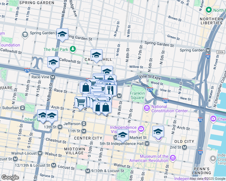 map of restaurants, bars, coffee shops, grocery stores, and more near 923 Race Street in Philadelphia