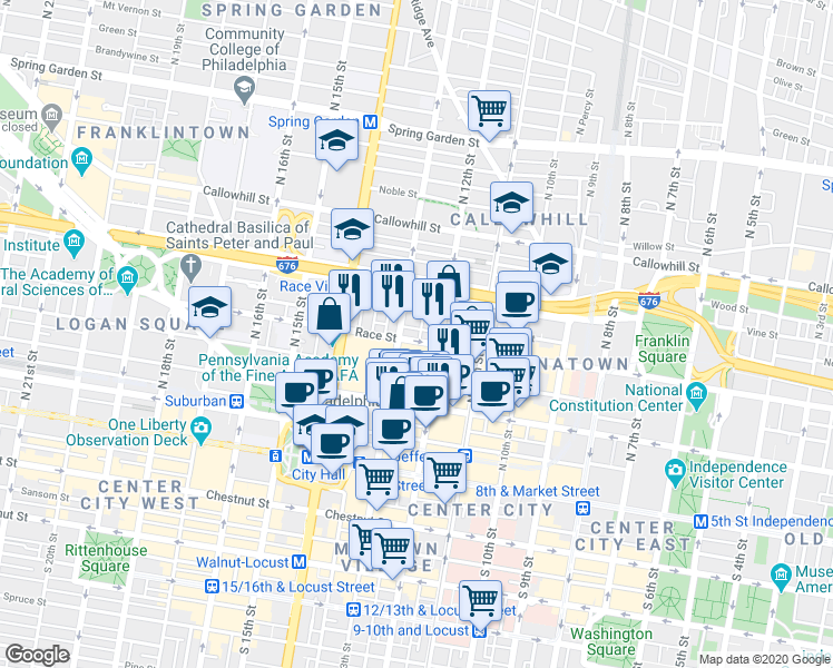 map of restaurants, bars, coffee shops, grocery stores, and more near 1301-09 Race Street in Philadelphia