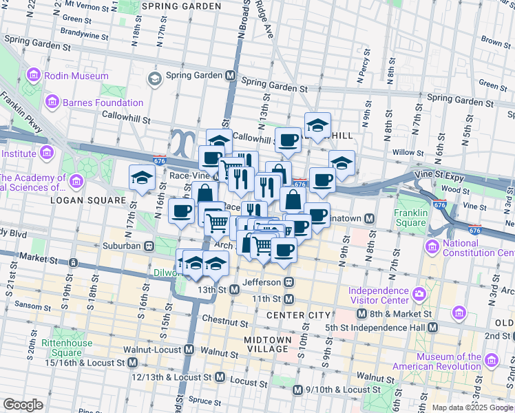 map of restaurants, bars, coffee shops, grocery stores, and more near in Philadelphia