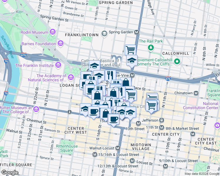 map of restaurants, bars, coffee shops, grocery stores, and more near in Philadelphia