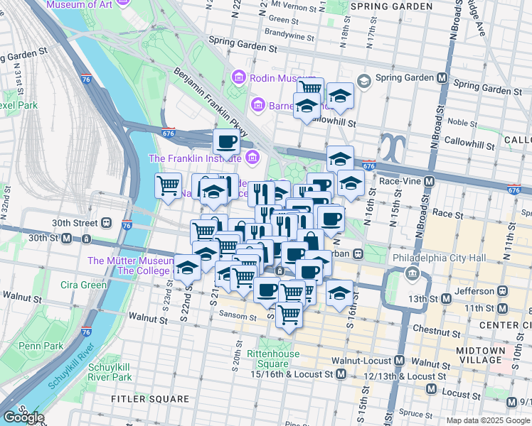 map of restaurants, bars, coffee shops, grocery stores, and more near 1936 Arch Street in Philadelphia