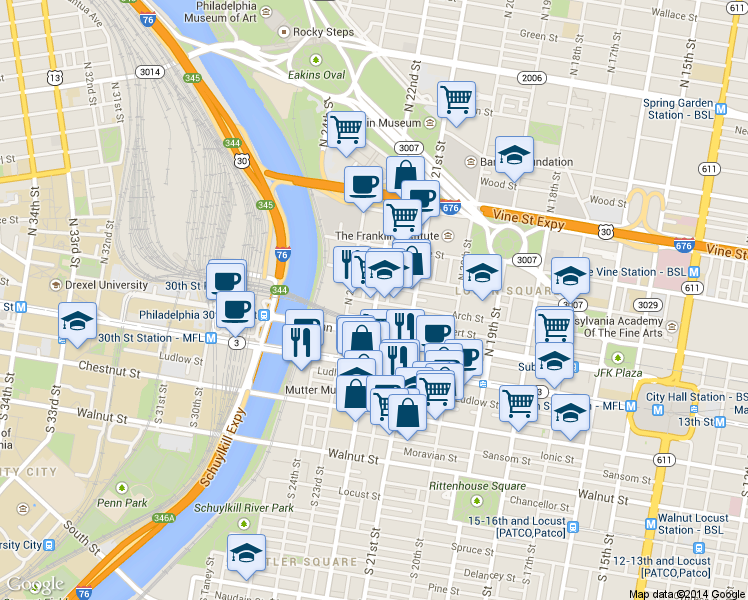 map of restaurants, bars, coffee shops, grocery stores, and more near in Philadelphia