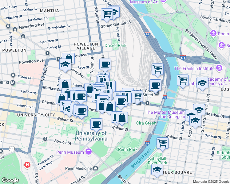 map of restaurants, bars, coffee shops, grocery stores, and more near 3181 John F Kennedy Boulevard in Philadelphia