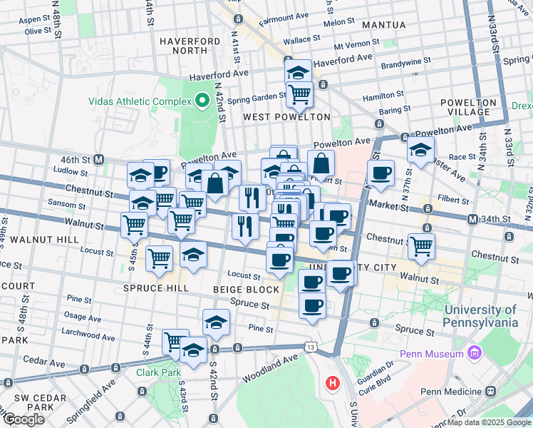 map of restaurants, bars, coffee shops, grocery stores, and more near 4044 Chestnut Street in Philadelphia