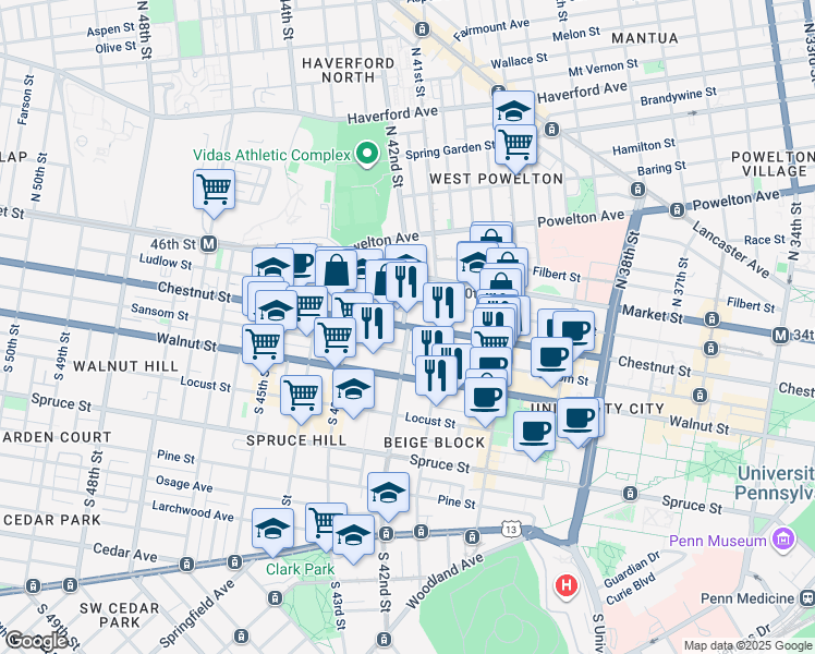 map of restaurants, bars, coffee shops, grocery stores, and more near 4100 Chestnut Street in Philadelphia