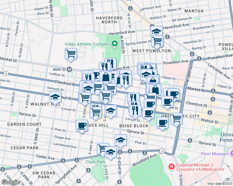map of restaurants, bars, coffee shops, grocery stores, and more near in Philadelphia