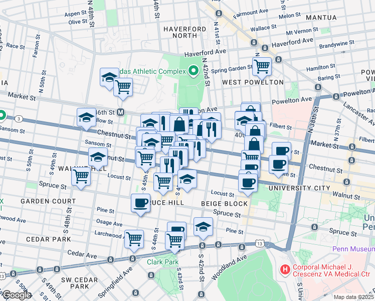 map of restaurants, bars, coffee shops, grocery stores, and more near 121 South 43rd Street in Philadelphia