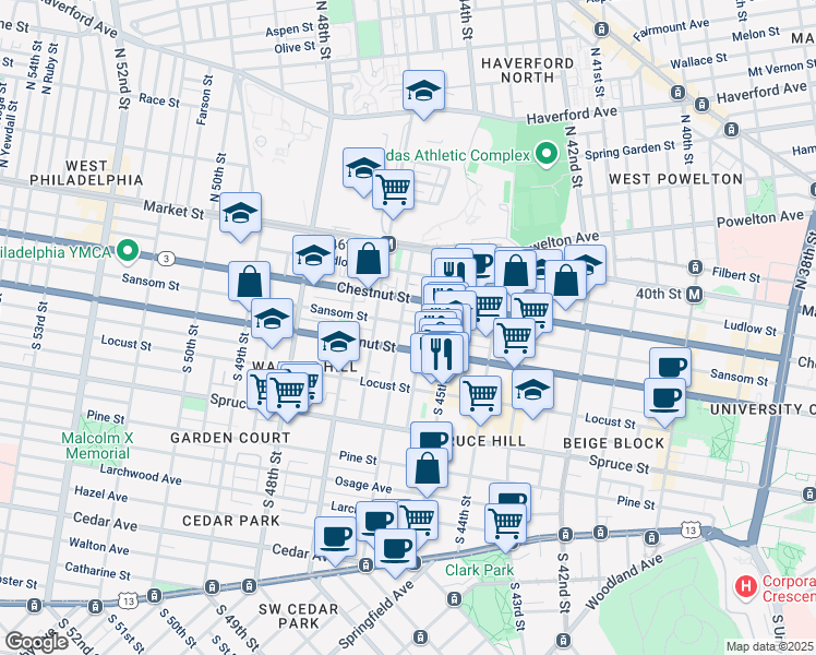 map of restaurants, bars, coffee shops, grocery stores, and more near 4528 Walnut Street in Philadelphia