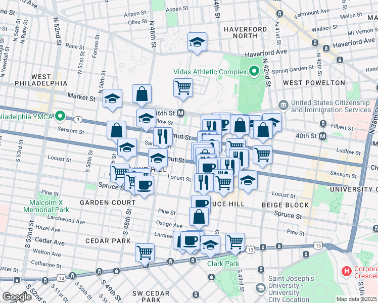 map of restaurants, bars, coffee shops, grocery stores, and more near 4528 Walnut Street in Philadelphia