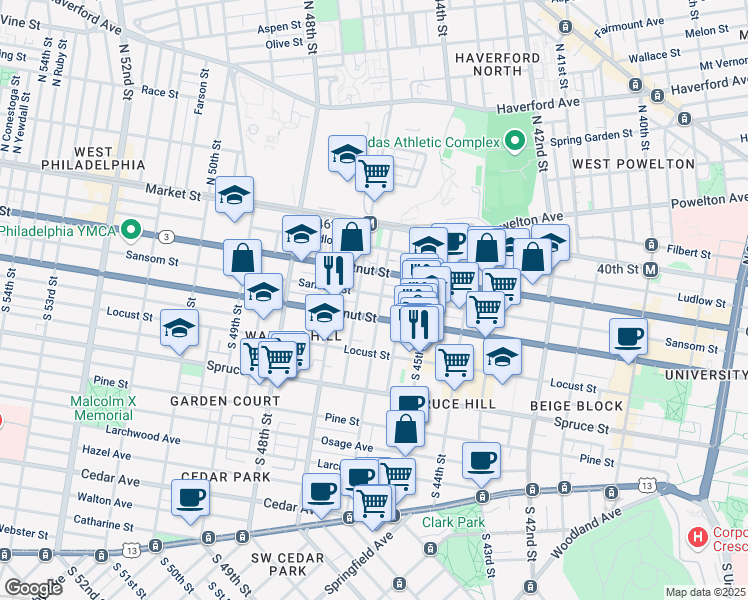 map of restaurants, bars, coffee shops, grocery stores, and more near 4620 Walnut Street in Philadelphia