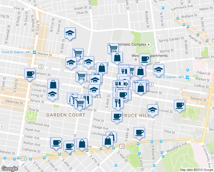 map of restaurants, bars, coffee shops, grocery stores, and more near 4620 Walnut Street in Philadelphia