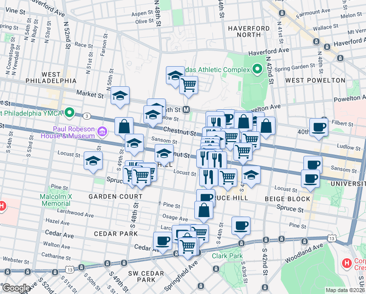 map of restaurants, bars, coffee shops, grocery stores, and more near 4620 Walnut Street in Philadelphia