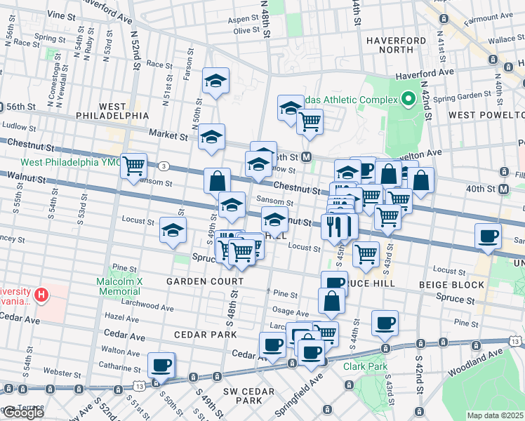map of restaurants, bars, coffee shops, grocery stores, and more near 200-220 South 47th Street in Philadelphia