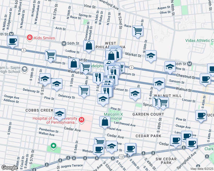 map of restaurants, bars, coffee shops, grocery stores, and more near 5217 Locust Street in Philadelphia