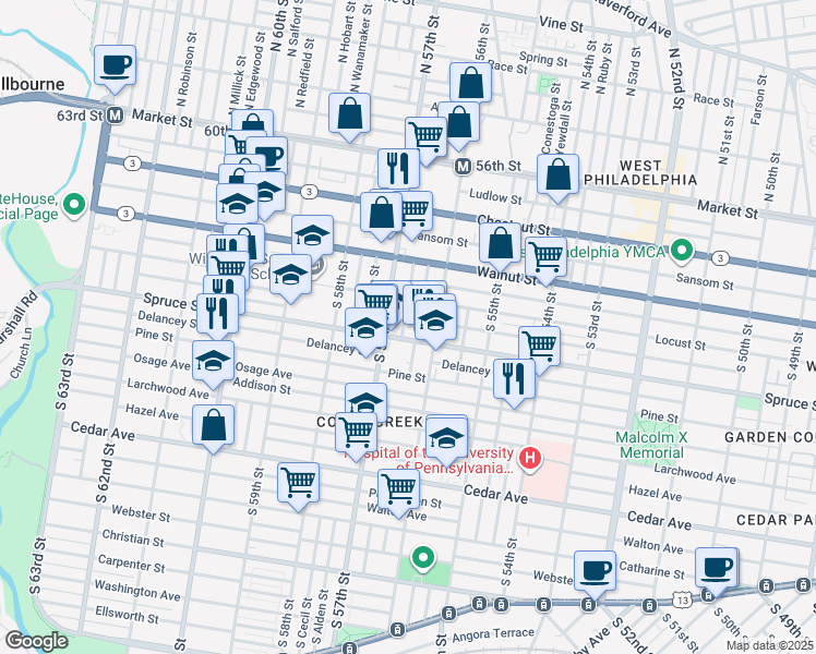 map of restaurants, bars, coffee shops, grocery stores, and more near 5634 Spruce Street in Philadelphia