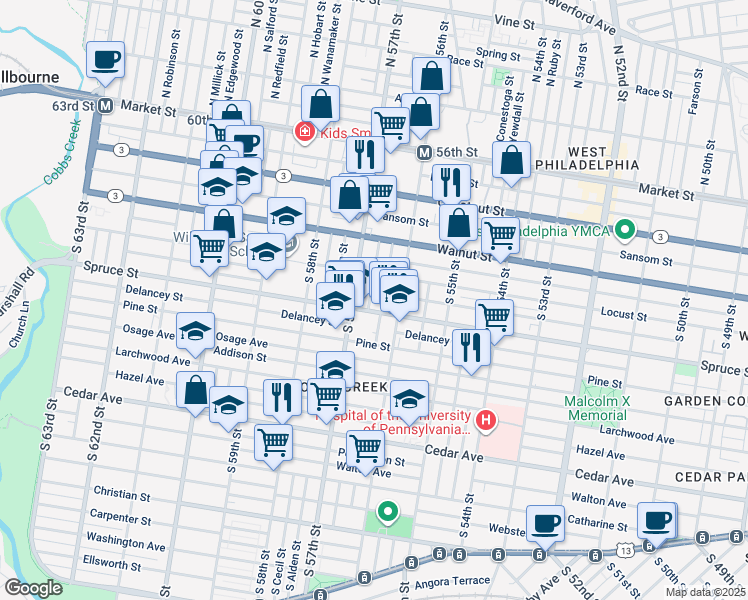 map of restaurants, bars, coffee shops, grocery stores, and more near 285 South Frazier Street in Philadelphia
